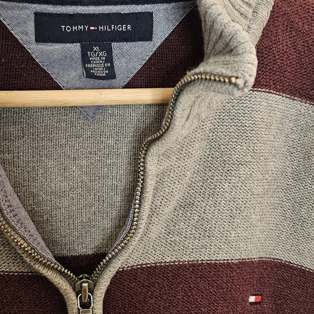 TOMMY HILFIGER Mens Gray/Burgundy Stand Collar Zip-Up Sweater, XL